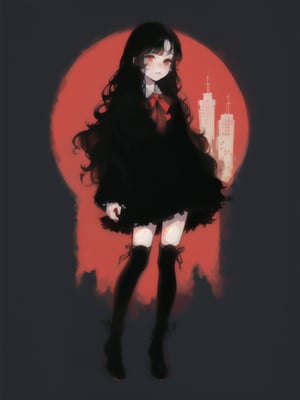 long black shiny hair, ((wavy hair)), red eyes, 1girl, teenager, (city:1.2), red and black clothes, ribbon in hair, full body, (simple background:0.8), black boots,