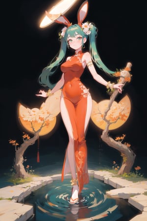 best quality, masterpiece, 1girl, big strong hips, bunny ears, (simple background:1.3), cute, curvy, black chinese dress, furry bunny ears, hips, full body, large breats, wide hips, clear skin, thick hips, clean, goddess, beauty, gradient background, simple background, solo, twintails, plae skin smug anime girl, garden floor, rose patterns, leaves patterns, holding cocktail drink, in a garden, roses and leaf patterns, grass, standing in a garden, pond, stone  water, wading, red moon, full moon, pokemon, wearing back chinese dress, (sleevless:1.2), black bracelets, bangles, tarot artstyle, grass in garden floor