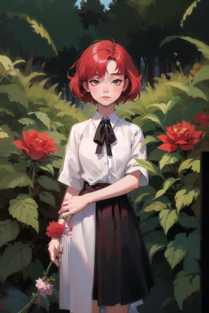 female, (masterpiece,  best quality,  ultra detailed,  absurdres)1.5, white shirt black dress neck ribbon, 1girl short hair, demonictech,  red hair,  bangs,  looking_at_viewer, garden, grass, roses and leaves,