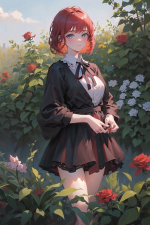 female, (masterpiece,  best quality,  ultra detailed,  absurdres)1.5, white shirt black dress neck ribbon, 1girl short hair, demonictech,  red hair,  bangs,  looking_at_viewer, garden, grass, roses and leaves,