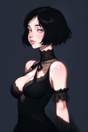 1girl, short hair, upper body, detailed, simple background, large breasts, bare shoulders, sleeveless, black hair, best quality, masterpiece, cowboy shot, intricate design, black victorian dress