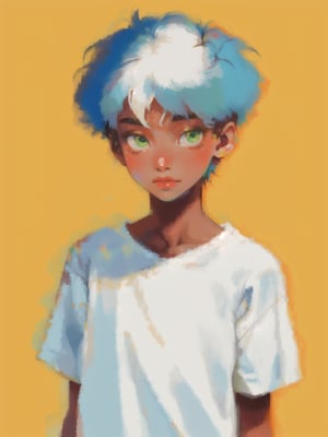 solo, 1boy, closeup, white t-shirt, colored hair, 1990s \(style\), tr90style, simple background, green eyes, simple t-shirt,