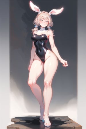 best quality, masterpiece, 1girl, big strong hips, bunny ears, (simple background:1.3), cute, curvy, one piece swimsuit, furry bunny ears, hips, full body, large breats, wide hips, clear skin, thick hips, clean, goddess, beauty, gradient background, simple background, solo, twintails, plae skin smug anime girl, marble floor, reflective floor, glossy floor, bunny suit, leotard, leaning, shortening, grin, nun, sleeveless, bare arms, bare legs, bare_sholders