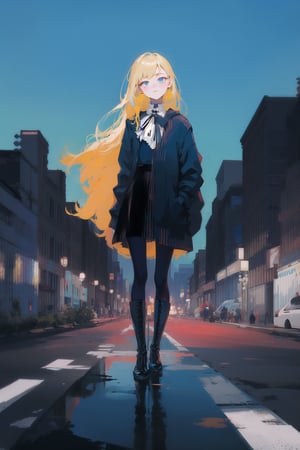 1girl, long hair, detailed face, blue background, blond hair, full body, asphalt, full body, (city:1.2), blue and black clothes, ribbon in hair, full body, black boots, solo, city, tarot artstyle, city, blue color palette, buildings, vibrant colors, dark theme, moon, asphalt floor, reflections, pale skin, asphalt, ,anime