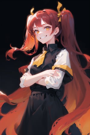 1girl,  solo,  long hair,  looking at viewer,  grin,  simple background,  twintails,  (red hair:1.1),  black_hair_tie,  bow hair tie,  (solo:1.2),  (black_background:1.2),  crossed arms, yellow eyes, black ribbon, glossy, saturated, contrast, strong colors, (simple background:1.2), gradient background