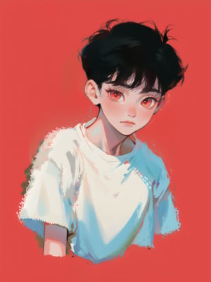 solo, 1boy, closeup, white t-shirt, black hair, 1990s \(style\), tr90style, simple background, red eyes, simple t-shirt, gradient background, vampire, blush, pale, sad