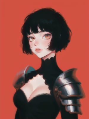 1girl, short hair, upper body, detailed face, simple background, red background, dress, cleavage, black armor