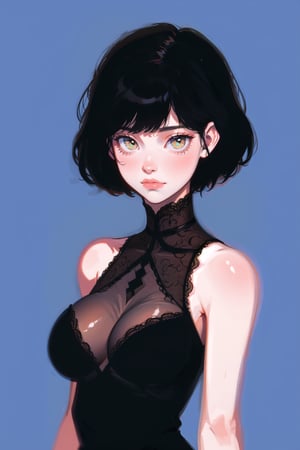 1girl, short hair, upper body, detailed, simple background, large breasts, bare shoulders, sleeveless, black hair, best quality, masterpiece, cowboy shot, intricate design, black victorian dress