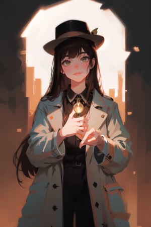 beautiful, 1girl,
(Brown hair:1.2),
long hair, smile, (detective:1.2),Magnifying glass,
Detective's hat,
Light color Trench coat, hk_girl