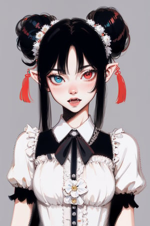 1girl, (sanpaku:1.2), chinese hair bun, solo, evil grin, double bun, hair ornament, sidelocks, open mouth, (yandere, constricted pupils:1.2), hair between eyes, blush, fangs, vampire, pointy ears, bangs, (black hair:1.3), frills, puffy short sleeves, victorian, pale skin, juliette sleeves, darkness, dark background, (heterochromia:1.3), (solo:1.2), (simple background:1.3), subsurface scattering, best quality, masterpiece, dress, clear eyes, standing in the garden arbor, beautiful white dress, intricate patterns, upper body, sky, garden, high contrast, melancholy, red and blue color palette, vibrant, garden tarot card, (upper body:1.2), solo, realistic