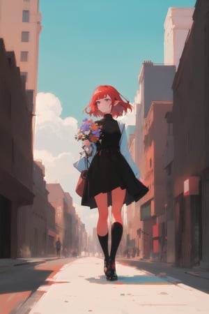 Beautiful girl holding flower, elf, red hair, cool angle, beautiful art, dynamic, pinterest art, full body, cute, cool angle, city, nice color palette, cityscape, asphalt