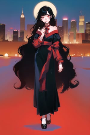 long black shiny hair,  ((wavy hair)),  red eyes,  1girl,  teenager,  city,  red and black clothes,  ribbon in hair,  full body