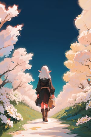 masterpiece, best quality, 1girl, elf adventurer walking through a field of white flowers, sunbeam, volumetric lighting