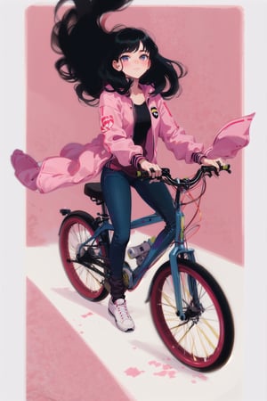 Lovely cute young attractive indian  girl, 35 years old, cute long black_hair,  black  hair,  They are wearing a  pink , patterned Jen's jacket and black jeans, varsity jacket , white shoes. Riding bike 