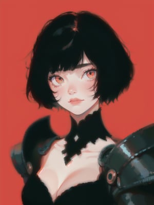 1girl, short hair, upper body, detailed face, simple background, red background, dress, cleavage, black armor