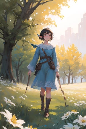 masterpiece, best quality, 1girl, elf adventurer walking through a field of white flowers, sunbeam, volumetric lighting