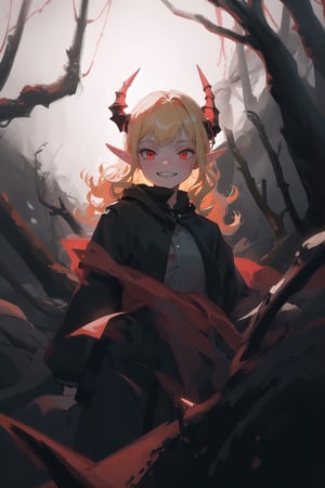 a 28 yo woman, blonde, red eyes, two big demon horns, Curly hair, dark theme, soothing tones, dark forest, elf ears, high contrast, (pointy ears, soft light, sharp), cute, medium shot, bokeh, (hdr), (cinematic, teal and orange:0.5), (soothing tones), pale skin, (hyperdetailed:1.2), (noir:0.35), warrior, dark forrest, big fangs, evil, smile, terrifying, beautiful, sinister, solo, best quality