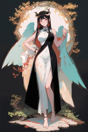 (high quality:1.3), full body, red stocking, large breasts, black bracelet, (sleeveless chinese dress:1.3), Goddess in white dress, black hair, long hair, large breasts, foot bracelet, barefoot, full body, black bracelet, simple background, garden, vines and leaves, trees, standing, chinese_clothes, dress patterns, black wings, demon horns, red horns, gradient colors, vivid colors, Goddess in white dress, black hair, long hair, large breasts, foot bracelet, barefoot, full body, black bracelet, simple background, garden, vines and leaves, trees, standing