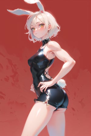 best quality, masterpiece, high definition, high resolution, 1girl, one-piece swimsuit, (wide hips:1.1), (bunny ears:1.2), (simple red background:1.4), detailed face, cross, goth, emo, death_note, goth woman, gradient background, short white hair, best quality, masterpiece, high definition, high resolution, 1girl, one piece swimsuit, shorts, big hips, (muscular hips:1.2), bunny ears, simple red background, detailed face, extremely detailed, beautiful, simple artwork, strong lines, female_solo, solo, small breasts, goth mommy, 