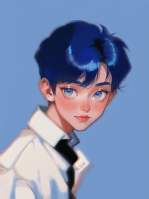 solo, 1boy, closeup, white shirt, blue hair, 1990s \(style\), tr90style, simple background