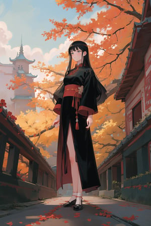 (Long black hair), vibrant color palette, leaves and roses, vine patterns, tarot card style, solo, (old chinese architecture), full body, detailed, standing infront of chinese palace garden, building, intricate design, leaves and vines, outdoors, china cityscape, trees, traditional, traditional chinese dress, red leaves, low angle, best quality art, bridge, ancient city, city