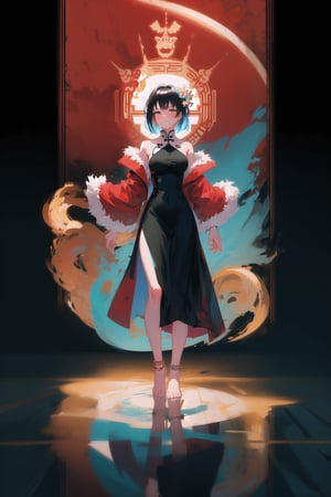 (Best quality:1.4),  goddess,  full body,  barefoot,  large breasts,  cleavage,  foot bracelet,  heaven garden,  standing,  long black chinese dress,  cleavage cutout,  sleeveless black chinese dress,  simple background,  serious look,  goddess,  long black hair,  vibrant colors with high contrast,  melancholy,  tarot artstyle,  blue floor,  (reflective floor:1.3),  red floor. best_quality,  blue vs red short hair, red coat with fur