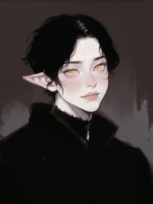 Emet Selch, 1boy, black shirt, bangs, black robe, looking at viewer, male focus, parted bangs, full lips, pale, blush portrait, robe, short hair, upper body, white hair, yellow eyes, dynamic angle, dynamic pose, hades, dark theme, soothing tones, muted colors, elf ears, high contrast, (natural skin texture, hyperrealism, soft light, sharp), exposure blend, medium shot, bokeh, (hdr:1.4), high contrast, (cinematic, black and grey:0.85), (muted colors, dim colors, soothing tones:1.3), low saturation, (hyperdetailed:1.2), (noir:0.7), warrior, dark forrest, big fangs, evil, serious, terrifying, beautiful, sinister, castlevania, (smooth:1.2), prince of darkness, gloomy, old portrait, vectorian vampire, lucifer, portrait painting