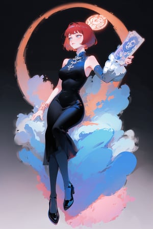 Chinese goddess, red hair, chinese dress, short hair, black dress, best quality, simple background, grey background, gradient background, best quality, full body, shiny black shoes, tarot artstyle, subsurface scattering, bare shoulders, intricate details, beautiful dress motif, large breasts, blue color palette, sitting