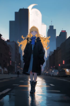 1girl, long hair, detailed face, blue background, blond hair, full body, asphalt, full body, (city:1.2), blue and black clothes, ribbon in hair, full body, black boots, solo, city, tarot artstyle, city, blue color palette, buildings, vibrant colors, dark theme, moon, asphalt floor, reflections, pale skin, asphalt, ,anime