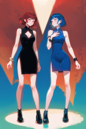 (Best quality:1.3), 2 goddesses, full body, large breasts, cleavage, foot bracelet, standing, chinese dress, sleeveless red chinese dress, blue vs red, 2girls, half blue half red, gradient background, dark theme, (dichotomy:1.1), good and evil, 2 girls, split in half, two halves, against each other, left side red right side blue, red hair, blue hair, redand blue, red vs blue, mirrored, split, split-half, looking at viewer, 2 girls, red girl and blue girl, good vs evil, shoes, dramatic lighting, room split in two, two sides, gradient, gradient background,