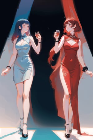 (Best quality:1.3), 2 goddesses, full body, large breasts, cleavage, foot bracelet, standing, chinese dress, sleeveless red chinese dress, blue vs red, 2girls, half blue half red, dark theme, (dichotomy:1.1), good and evil, 2 girls, split in half, two halves, left side red right side blue, red hair, blue hair, red and blue, red vs blue, mirrored, split, split-half, looking at viewer, 2 girls, ying and yang, shoes, dramatic lighting, room split in two, two sides, gradient, gradient background,
