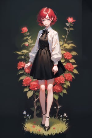 female, (masterpiece,  best quality,  ultra detailed,  absurdres)1.5, white shirt black dress neck ribbon, 1girl short hair, (simple background:.12),  red hair,  bangs,  looking_at_viewer, garden, grass, roses and leaves, gradient background, full body