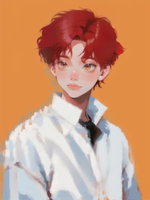 solo, 1boy, closeup, white shirt, red hair, 1990s \(style\), tr90style, simple background