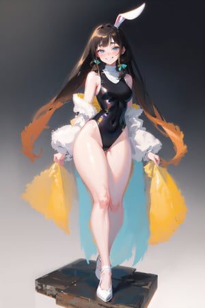 best quality, masterpiece, 1girl, big strong hips, bunny ears, (simple background:1.3), cute, curvy, one piece swimsuit, furry bunny ears, hips, full body, large breats, wide hips, clear skin, thick hips, clean, goddess, beauty, gradient background, simple background, solo, twintails, plae skin smug anime girl, marble floor, reflective floor, glossy floor, bunny suit, leotard, leaning, shortening, grin, nun, sleeveless