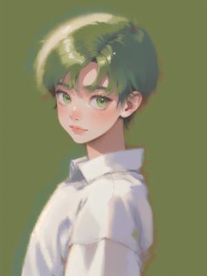 solo, 1boy, closeup, white shirt, green hair, 1990s \(style\), tr90style, simple background, green eyes, simple shirt,