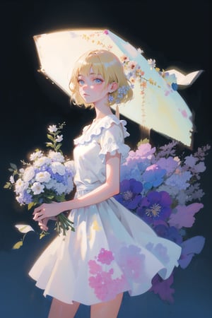 a woman with simple dress, short hair, blonde, global illumination, a photorealistic water painting, in the middle of flowers, long flowers, simple background, subsurface scattering, simple dress, (simple artwork:1.2), simple, (water color:1.2)