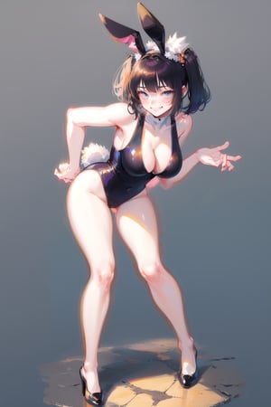 best quality, masterpiece, 1girl, big strong hips, bunny ears, (simple background:1.3), cute, curvy, one piece swimsuit, furry bunny ears, hips, full body, large breats, wide hips, clear skin, thick hips, clean, goddess, beauty, gradient background, simple background, solo, twintails, plae skin, smug, marble floor, reflective floor, glossy floor, suit, leotard, leaning forward, short hair, grin, nun, sleeveless, bare arms, bare legs, bare_sholders, teasing, mature, large breasts, cleavage,