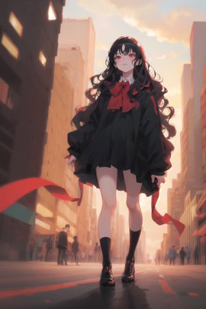 long black shiny hair,  ((wavy hair)),  red eyes,  1girl,  teenager,  city,  red and black clothes,  ribbon in hair,  full body