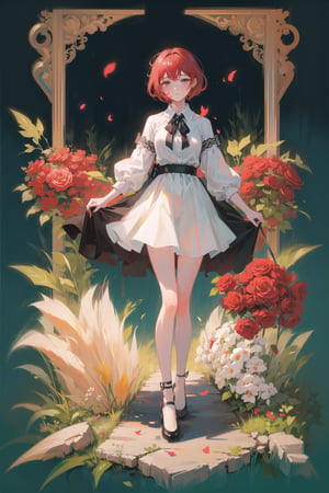 female, (masterpiece,  best quality,  ultra detailed,  absurdres)1.5, white shirt black dress neck ribbon, 1girl short hair, (simple background:.12),  red hair,  bangs,  looking_at_viewer, garden, grass, roses and leaves, gradient background, full body