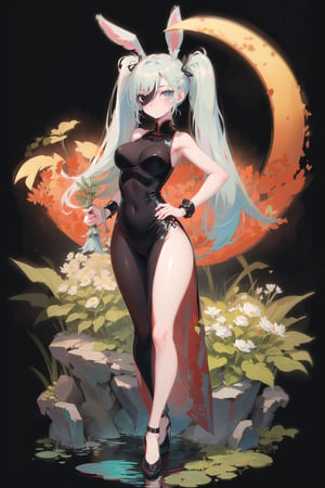 best quality, masterpiece, 1girl, big strong hips, bunny ears, (simple background:1.3), cute, curvy, black chinese dress, furry bunny ears, hips, full body, large breats, wide hips, clear skin, thick hips, clean, goddess, beauty, gradient background, simple background, solo, twintails, plae skin smug anime girl, garden floor, rose patterns, leaves patterns, holding cocktail drink, in a garden, roses and leaf patterns, grass, standing in a garden, pond, stone  water, wading, red moon, full moon, pokemon, wearing back chinese dress, (sleevless:1.2), black bracelets, bangles, tarot artstyle, grass in garden floor