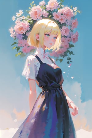 a woman with simple dress, short hair, blonde, global illumination, a photorealistic water painting, in the middle of flowers, long flowers, simple background, subsurface scattering, simple dress, (simple artwork:1.2), simple, (water color:1.2)