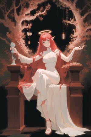 Goddess, red hair, white chinese dress, gradient background, large breasts, 1girl, solo, best quality, masterpiece, black background, full body, tarot_style, heavenly, aura, godess, detailed dress, motif, intricate dress design, chinese, simple white dress, sleeveless chinese dress, barefoot, black foot bracelet, simple background, sitting in heaven, vines, roses, leaves, tree, mature, calm, serenity, empress, goddess being worshipped, resting, extremely beautiful, beauty, vibrant red hair, glowing, large breasts, feet, perfect woman, tori gate, halo, resting, leaves, dangling feet, high, sitting, In the grandeur of the vampire queen's throne room, darkness reigns supreme, ancient power. Massive obsidian pillars, crimson-carpeted aisle, ornate ebony throne. throne with sinister motifs and intricate patterns. high back throne. The seat is draped in velvety, blood-red fabric, bearing the embroidered crest of the vampire queen. the queen, she sits with regal poise, her figure wrapped in a gown of flowing silk. dim light. The queen's long, hair cascades down her shoulders in elegant waves. flawless skin, eyes with a mesmerizing shade of crimson, radiate an otherworldly intensity. The throne room is bathed in a dim, ethereal glow. The flickering candlelight casts eerie shadows. eyes ablaze with a predatory crimson. immortal ruler. detailed painting, from the queen's attire to the menacing beauty, aura of dark elegance, In the heart of an ancient woodland, where sunlight filters through the emerald canopy, behold the enchanting presence of a beautiful elf. Bathed in ethereal radiance, she stands as a testament to the grace and elegance of her kind.
Her slender figure moves with a natural fluidity, as if she is an extension of the forest itself. Silken tresses, cascading in waves of shimmering gold, frame a face of unparalleled beauty. Her almond-shaped eyes, resplendent in shades of green like the forest leaves, hold a depth and wisdom that seem to whisper of ancient secrets.
Adorned in garments woven with intricate patterns, the elf exudes an otherworldly allure. The fabric seems to shimmer with its own inner light, as if infused with magic. Delicate vines and blooming flowers intertwine with the fabric, creating a seamless fusion of nature and elegance. Each thread is meticulously crafted, reflecting the elven craftsmanship that is legendary in these realms.
Her features, delicate and symmetrical, evoke a sense of ethereal harmony. High cheekbones, a dainty nose, and lips imbued with a subtle blush, all come together to form a visage of timeless beauty. Her pointed ears, a signature of her elven heritage, lend an air of mystique and enchantment to her countenance.
As the elf moves with a graceful gait, her presence evokes a sense of tranquility and serenity. It is as if she is in perfect harmony with the world around her, attuned to the whispers of nature and the magic that permeates the air. Her aura radiates a gentle kindness and wisdom that draws others to her, like moths to a dancing flame.
In the realm of fantasy, where dreams and reality intertwine, the beauty of the elf stands as a beacon of wonder and awe. Her ethereal presence captures the imagination, igniting a longing to explore the depths of this fantastical world. Prepare to be captivated by her enchanting charm and the allure of a realm where magic and beauty are one.