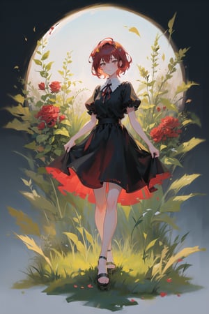 female, (masterpiece,  best quality,  ultra detailed,  absurdres)1.5, white shirt black dress neck ribbon, 1girl short hair, (simple background:.12),  red hair,  bangs,  looking_at_viewer, garden, grass, roses and leaves, gradient background, full body