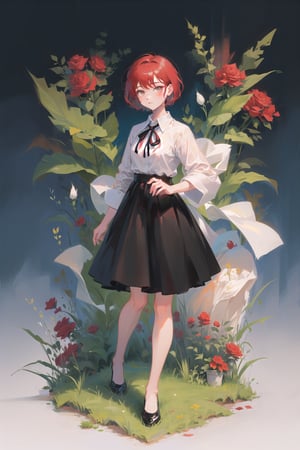 female, (masterpiece,  best quality,  ultra detailed,  absurdres)1.5, white shirt black dress neck ribbon, 1girl short hair, (simple background:.12),  red hair,  bangs,  looking_at_viewer, garden, grass, roses and leaves, gradient background, full body