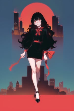 long black shiny hair,  ((wavy hair)),  red eyes,  1girl,  teenager,  city,  red and black clothes,  ribbon in hair,  full body