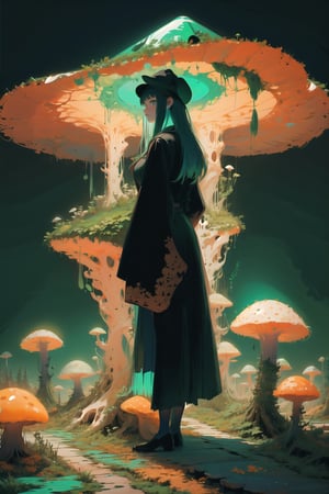 fantasy forests, woods, 1girl, cute girl, explorer clothing, EpicArt, girl turn your back on the audience, Backview, anime, colorful, iridescent, huoshen, full body, DonMG414, best quality, alien forest, giant mushrooms, witch hat, green color palette, dark blue sky, dark theme