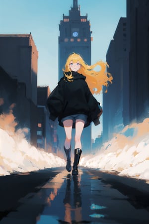 1girl, long hair, detailed face, blue background, blond hair, full body, asphalt, full body, (city:1.2), blue and black clothes, ribbon in hair, full body, black boots, solo, city, tarot artstyle, city, blue color palette, buildings, vibrant colors, dark theme, moon, asphalt floor, reflections, pale skin, asphalt, ,anime