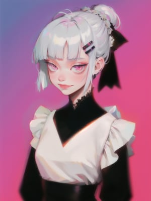 1girl, solo, slender, silver hair, multicolored hair, long hair, flipped hair, folded ponytail, blunt bangs, antenna hair, pink eyes, smirk, boyish clothes, maid, hairclip