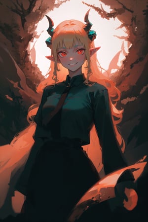 a 28 yo woman, blonde, red eyes, two big demon horns, Curly hair, dark theme, soothing tones, dark forest, elf ears, high contrast, (pointy ears, soft light, sharp), cute, medium shot, bokeh, (hdr), (cinematic, teal and orange), (soothing tones:1.1), pale skin, (hyperdetailed:1.2), (noir:0.5), warrior, dark forrest, big fangs, evil, smile, terrifying, beautiful, sinister, solo, best quality
