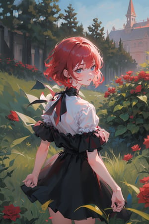 female, (masterpiece,  best quality,  ultra detailed,  absurdres)1.5, white shirt black dress neck ribbon, 1girl short hair, demonictech,  red hair,  bangs,  from behind,  looking_at_viewer, garden, grass, roses and leaves,